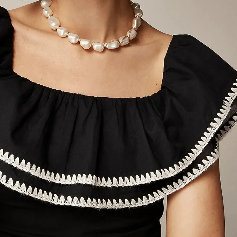 NWT J. Crew Black Off Shoulder Top with White Ruffle Trim